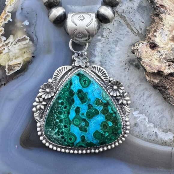 Sterling Southwestern Style Large Triangular Azurite Malachite Decorated Pendant - Picture 1 of 10